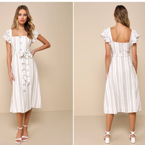 Mediterranean Moves White Striped Flutter Sleeve Midi Dress - Picture 1 of 4